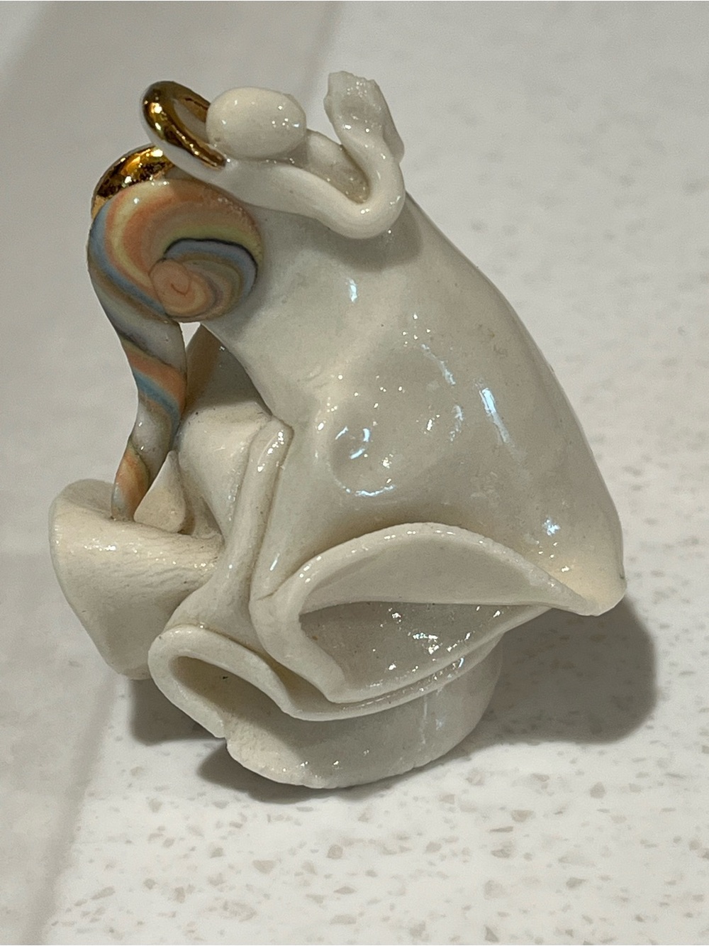 White Porcelain Angel  Figurine with Multicolor wings and Gold Accent